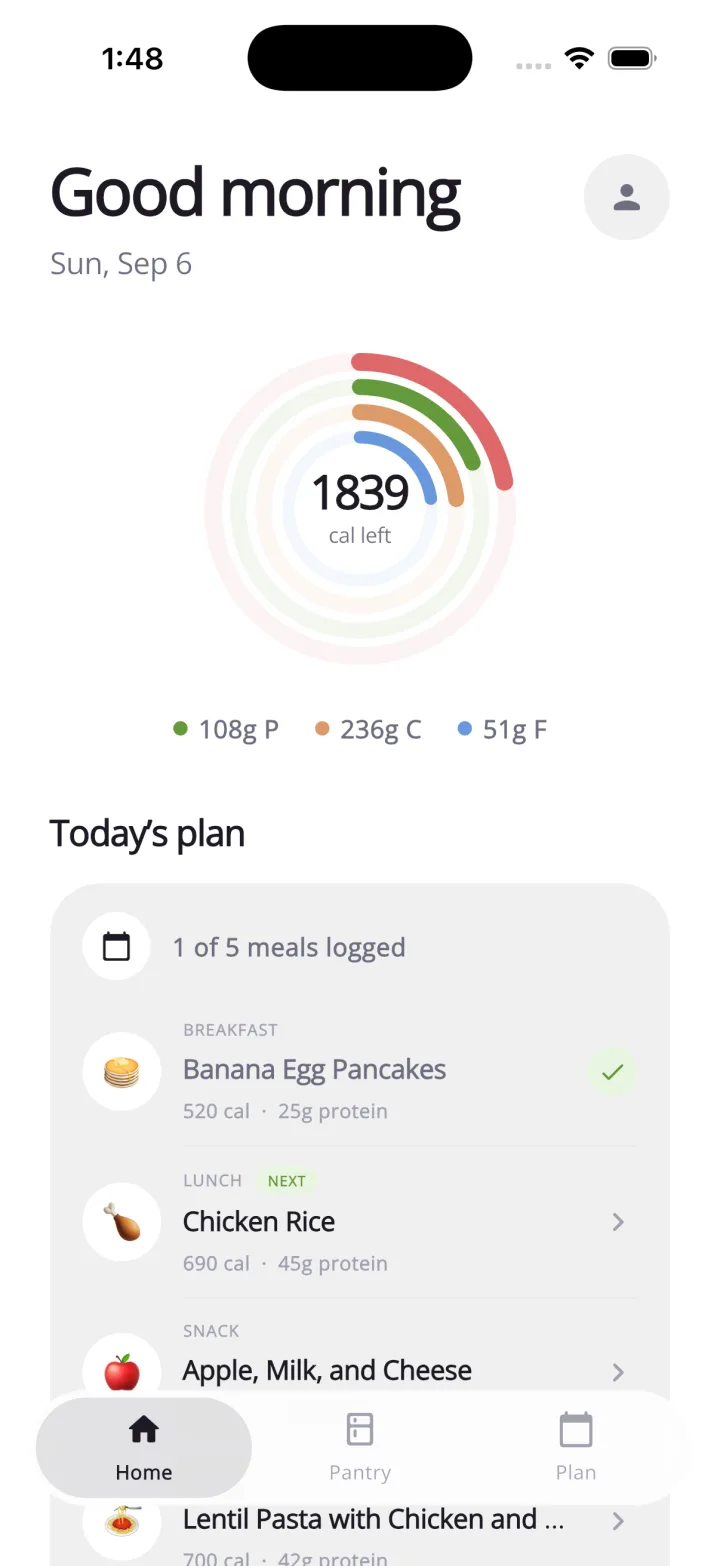 NextMeal dashboard showing calories left, macros, and today's meal plan