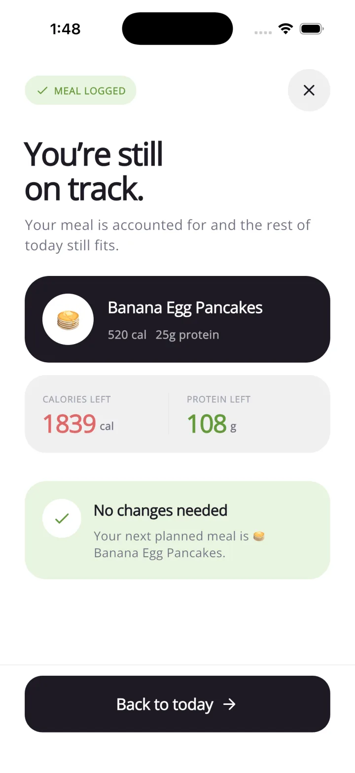 NextMeal confirmation showing a meal logged and the remaining daily calories and protein