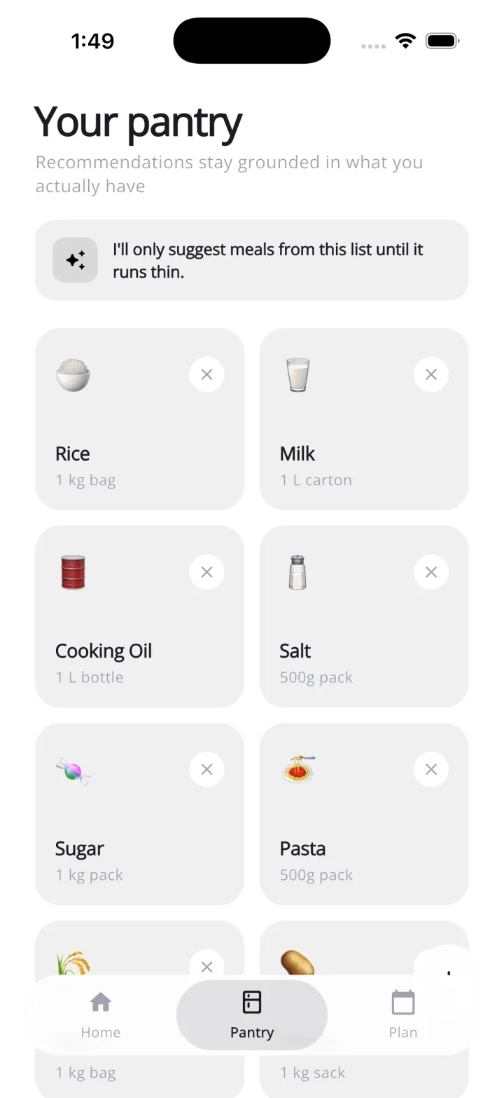 NextMeal pantry showing ingredients available at home
