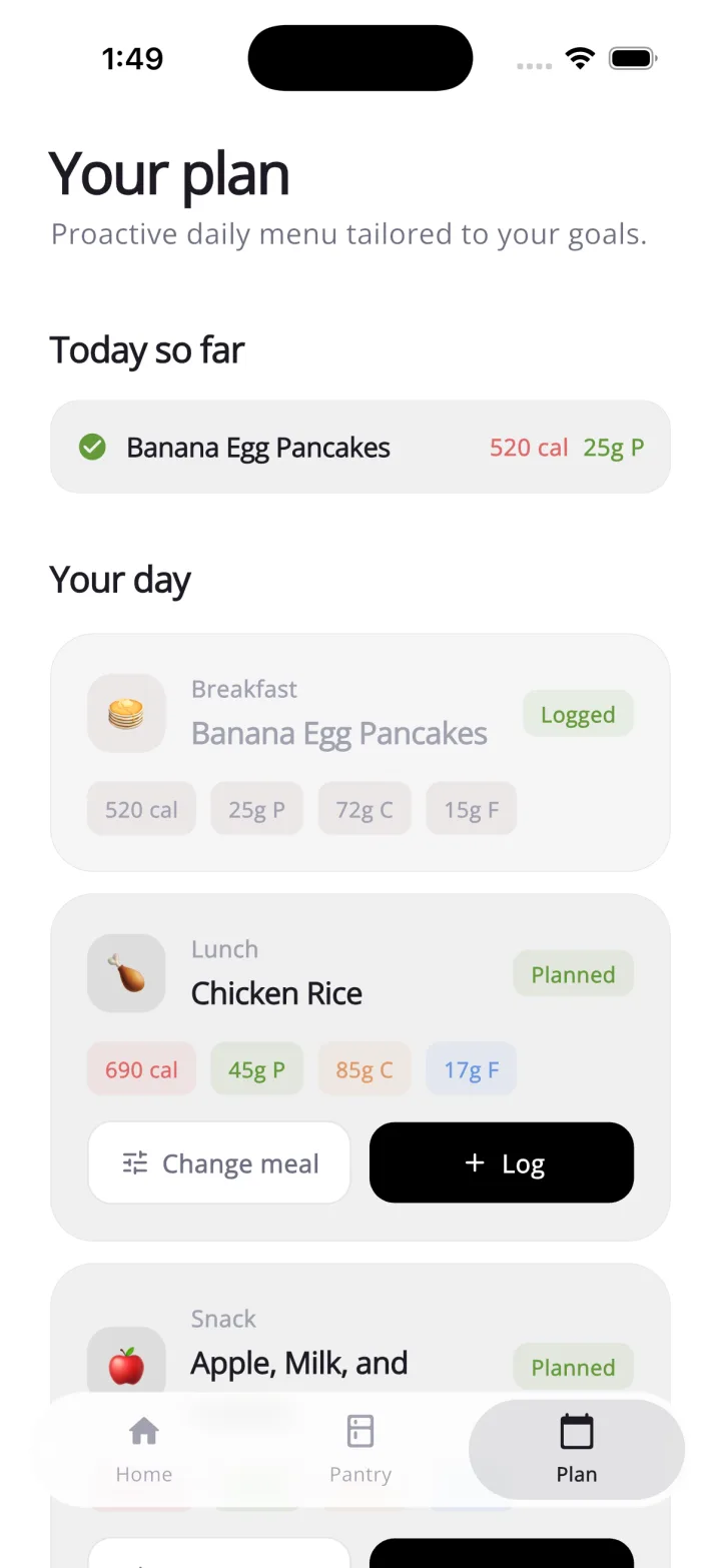 A flexible NextMeal daily plan with options to change or log meals